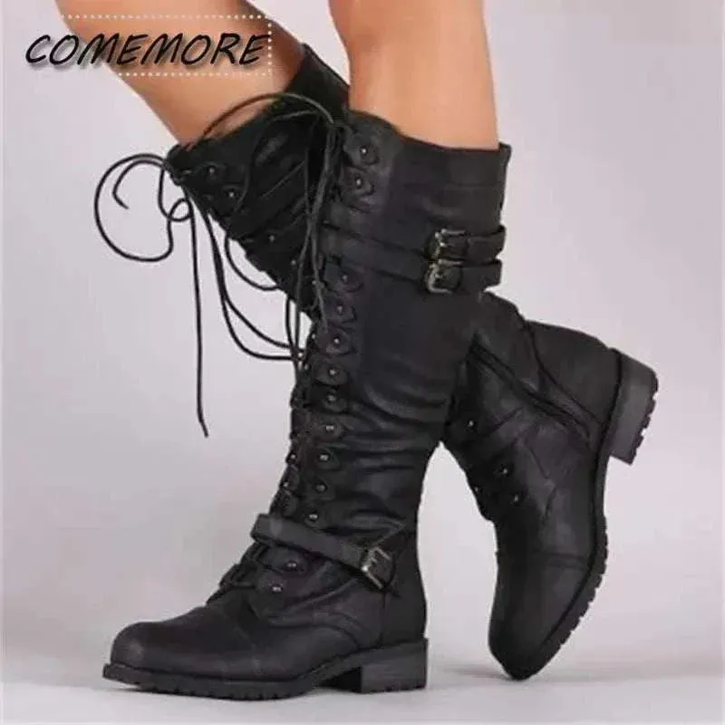 Knee High Boots for Women: Sexy Steampunk PU Retro Buckle Woman Boots