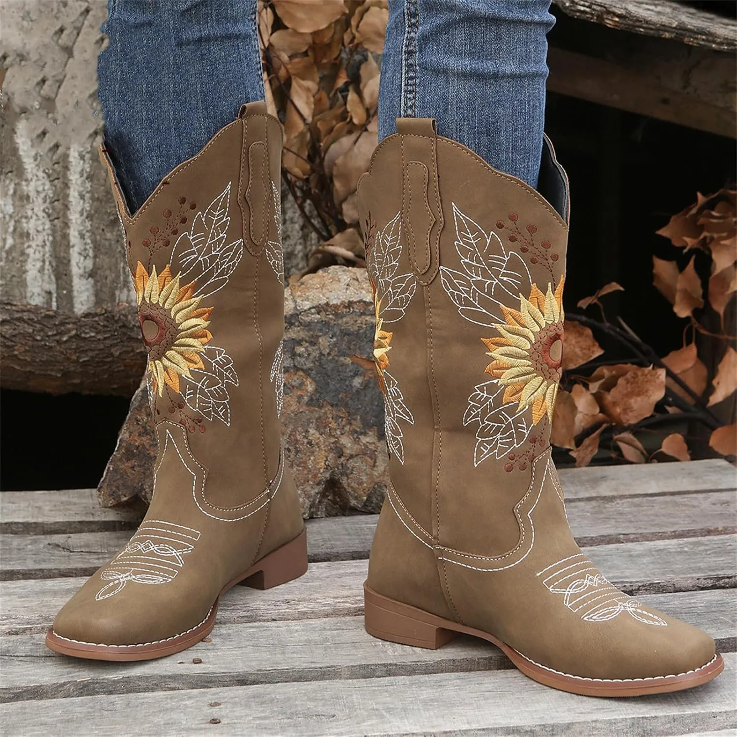 Ladmiple Cowboy Boots For Women Wide Calf Low Heel Pointed Toe Chunky Heel Cowgirl Embroidered Western Boots Pull On