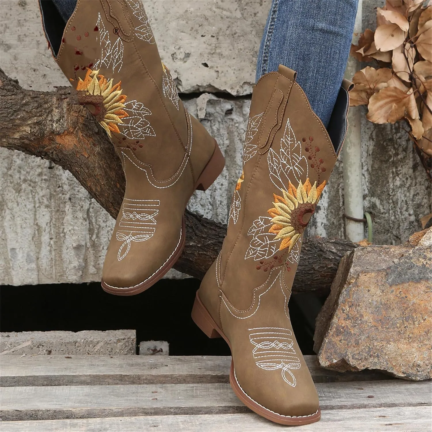 Ladmiple Cowboy Boots For Women Wide Calf Low Heel Pointed Toe Chunky Heel Cowgirl Embroidered Western Boots Pull On