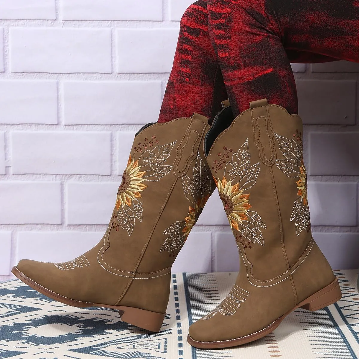 Ladmiple Cowboy Boots For Women Wide Calf Low Heel Pointed Toe Chunky Heel Cowgirl Embroidered Western Boots Pull On