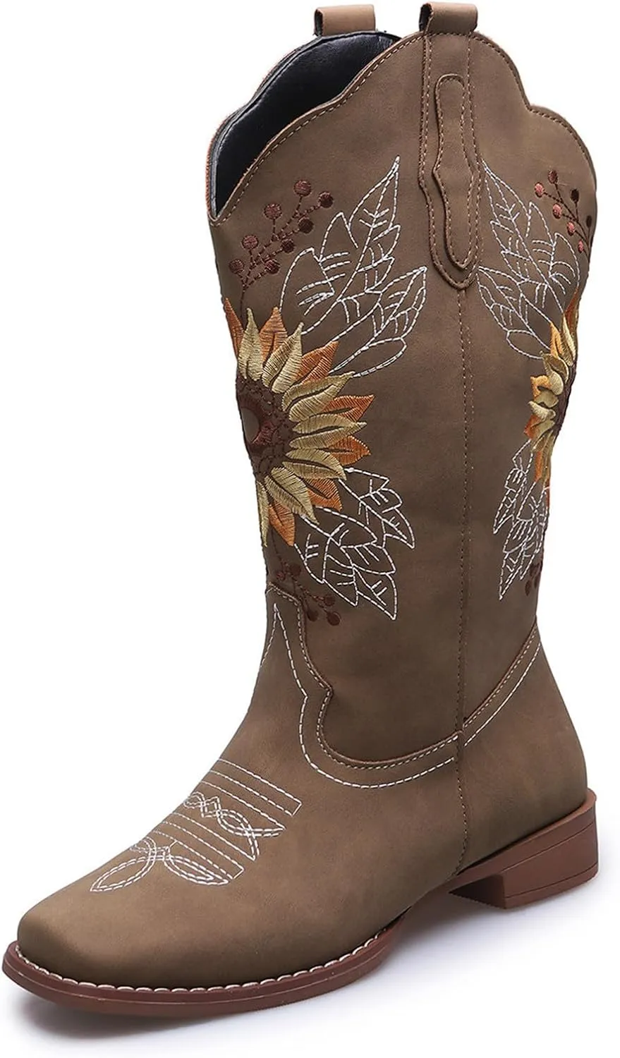 Ladmiple Cowboy Boots For Women Wide Calf Low Heel Pointed Toe Chunky Heel Cowgirl Embroidered Western Boots Pull On