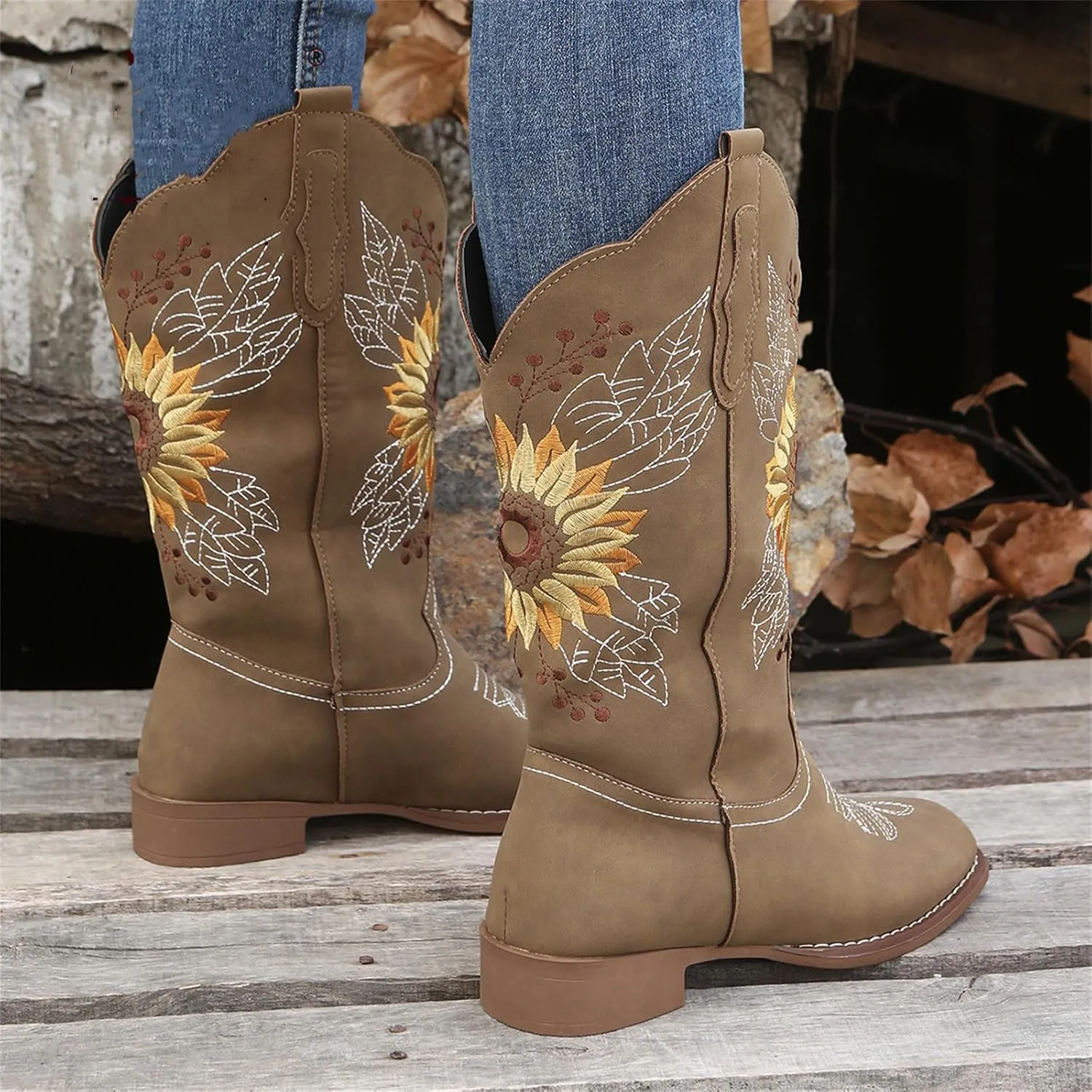 Ladmiple Cowboy Boots For Women Wide Calf Low Heel Pointed Toe Chunky Heel Cowgirl Embroidered Western Boots Pull On