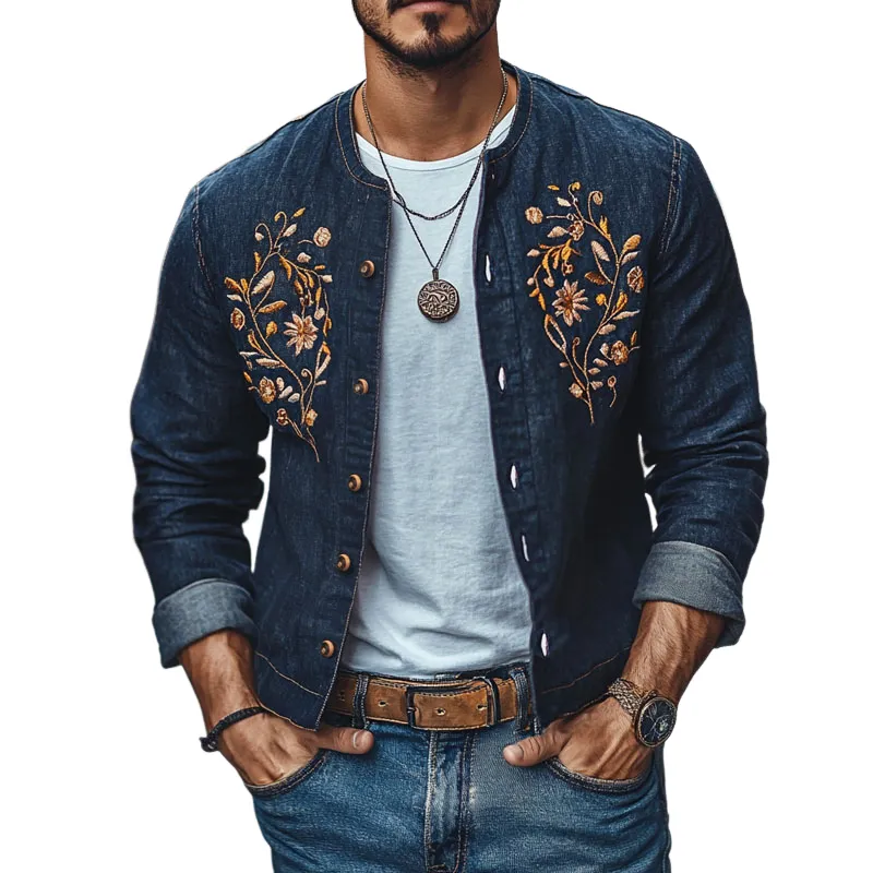 Men's Vintage Crew Neck Embroidered Single Breasted Slim Fit Denim Jacket 49161642M