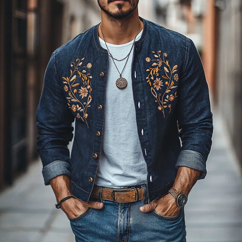 Men's Vintage Crew Neck Embroidered Single Breasted Slim Fit Denim Jacket 49161642M
