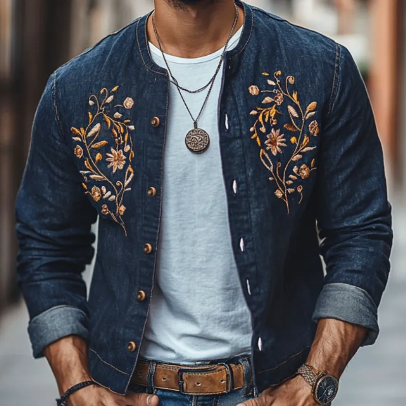 Men's Vintage Crew Neck Embroidered Single Breasted Slim Fit Denim Jacket 49161642M