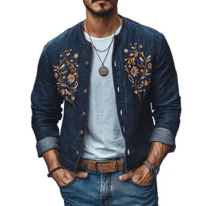 Men's Vintage Crew Neck Embroidered Single Breasted Slim Fit Denim Jacket 49161642M