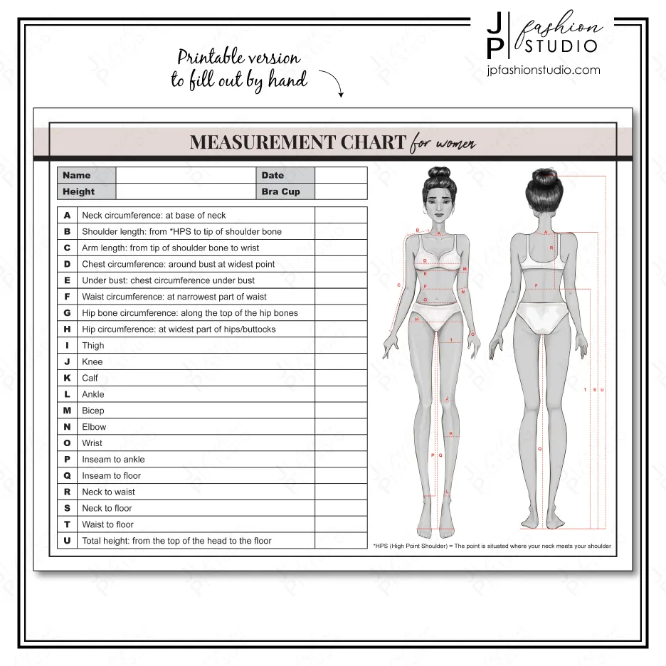PRINTABLE Women's Body Measurement Sheet / Fashion Designer Template / Sewing Measurement Sheet / PDF & JPG
